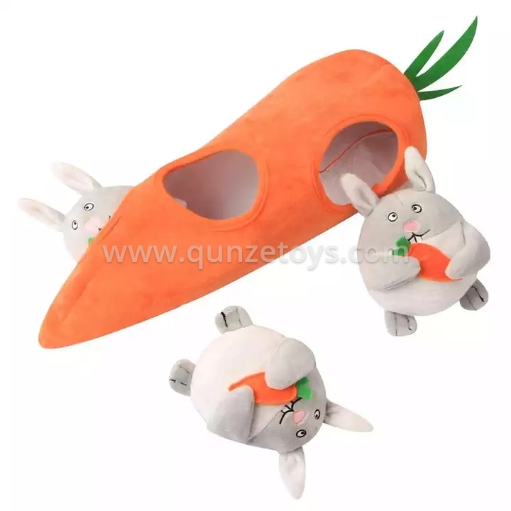 Rabbit and Carrot Multi-Hole Hide and Seek Dog Plush Toys Interactive Squeaky Pl