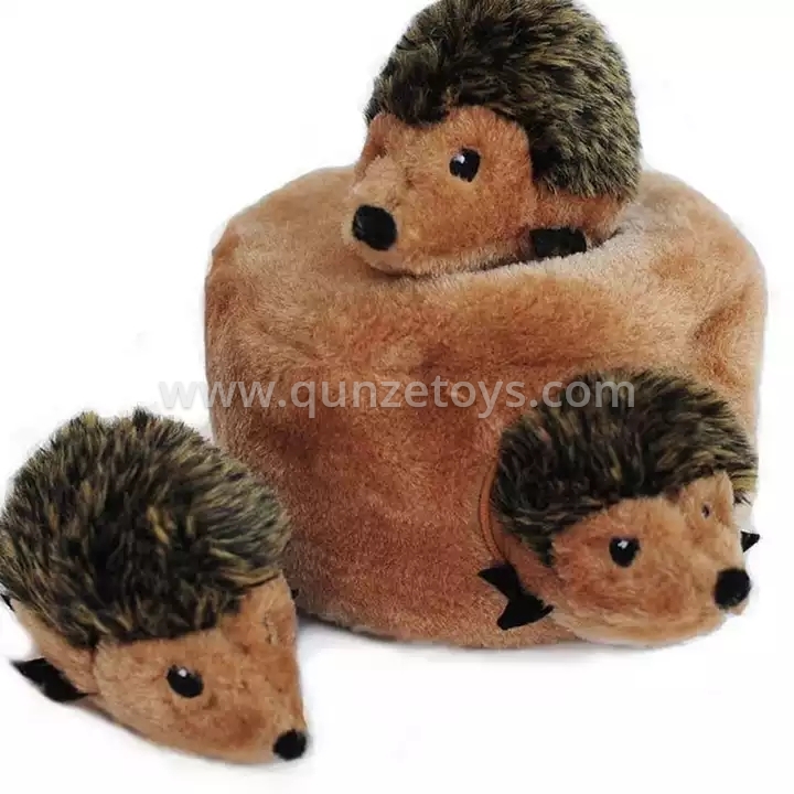 Hedgehog hiding in the wood pile a soft plush dog toy for playing and chew a tra