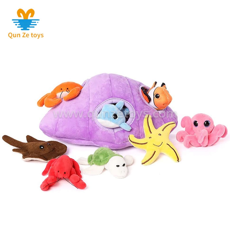 8 Piece Soft Plush Ocean Stuffed Sea Animals with Plush Shell Package House
