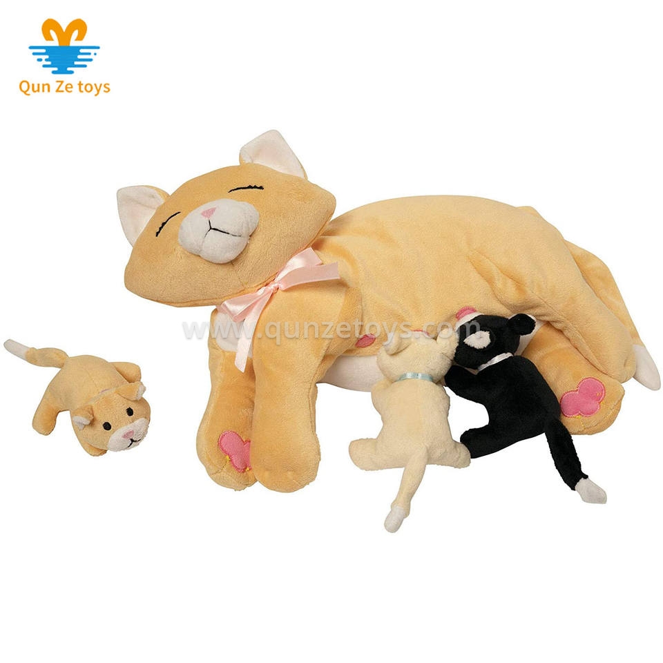 Factory sale OEM ODM Nurturing Cat Stuffed Animal with Plush Kittens Toddler Toy
