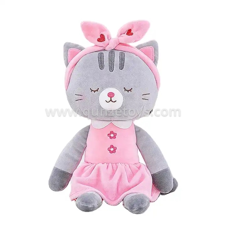 Stuffed Cat Dolls Animal Kitty Plush Toy Baby Girl Gifts Gray with Hair Band 16